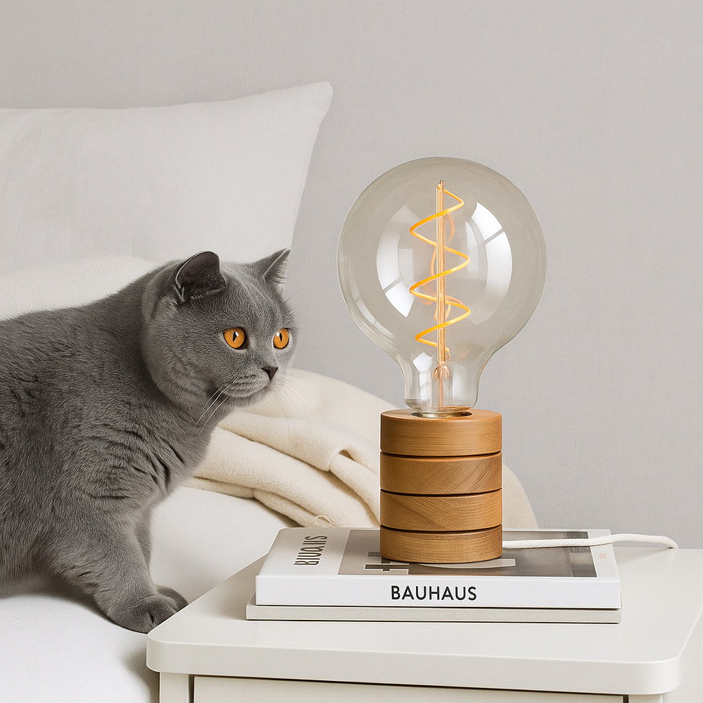 Vintage LED Tischlampe mit Holzsockel